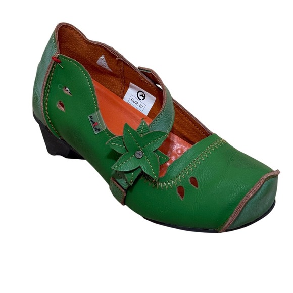Maia Shoes Women 40 US 10 Green Mary Jane Wicked Elphaba Heel Funky Floral Lagen - Picture 1 of 8